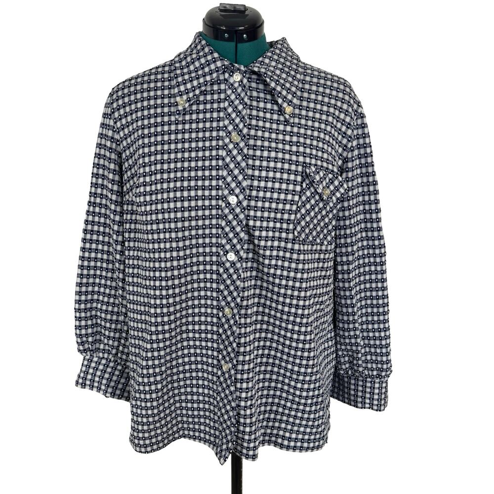 Vintage 70s Dagger Collar Shirt Checkered Poly Knit Unisex Boyfriend Fit L/XL